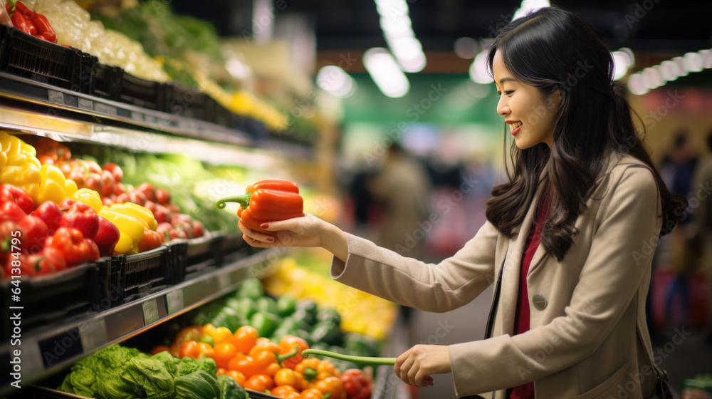 Woman chooses vegetables on the shelves at the grocery store