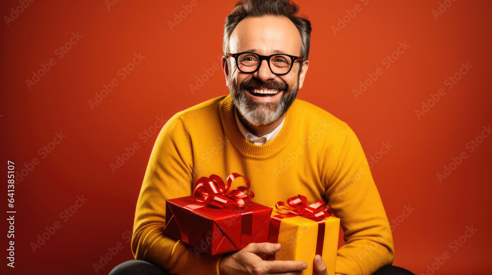 Happy smiling man holding gift box on a colored background Happy smiling man holding gift box on a colored background