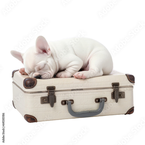 White French bulldog puppy sleeping on the top of suitcase, isolated on transparent background. Concept of travel, animals, trip and outdoor.