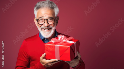 Happy smiling senior man holding gift box on a colored background