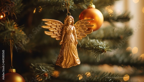 Photo of a golden angel ornament hanging from a beautifully decorated Christmas tree