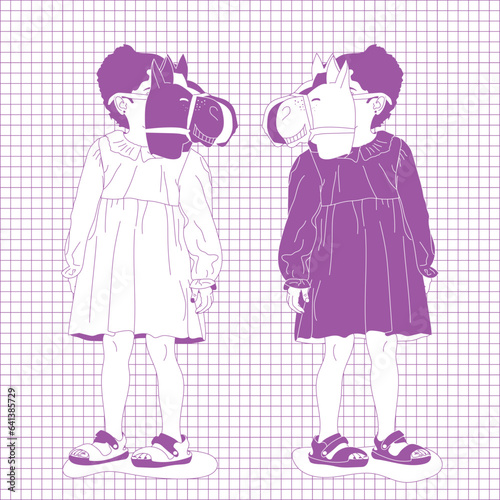 Vector illustration of a girl with horse mask in white and pink lines in risograph style. Brightly colored children illustration. Cute little girl. Pink. Vector children.