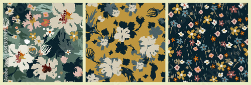 Foto Set of floral seamless patterns with ornamental plants