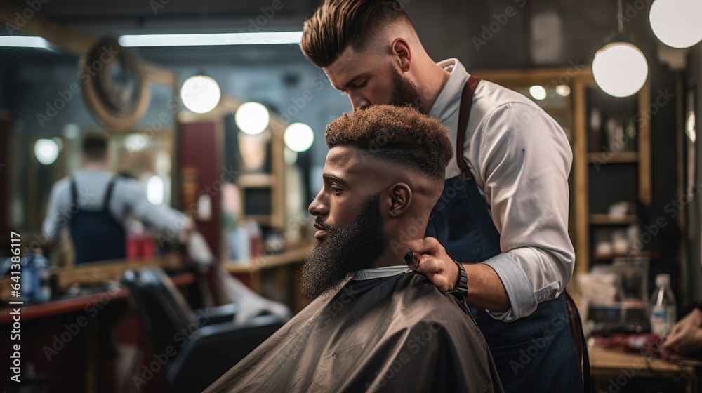 Professional barber styling hair of his client. Generative AI Professional barber styling hair of his client. Generative AI