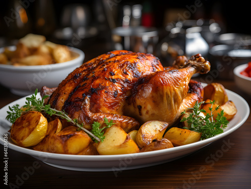 Roast chicken with potatoes and vegetables on a wooden table in the restaurant in thanksgiving