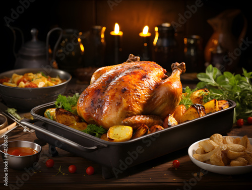 Wallpaper Mural Roast chicken with potatoes and vegetables on a wooden table in the restaurant in thanksgiving Torontodigital.ca