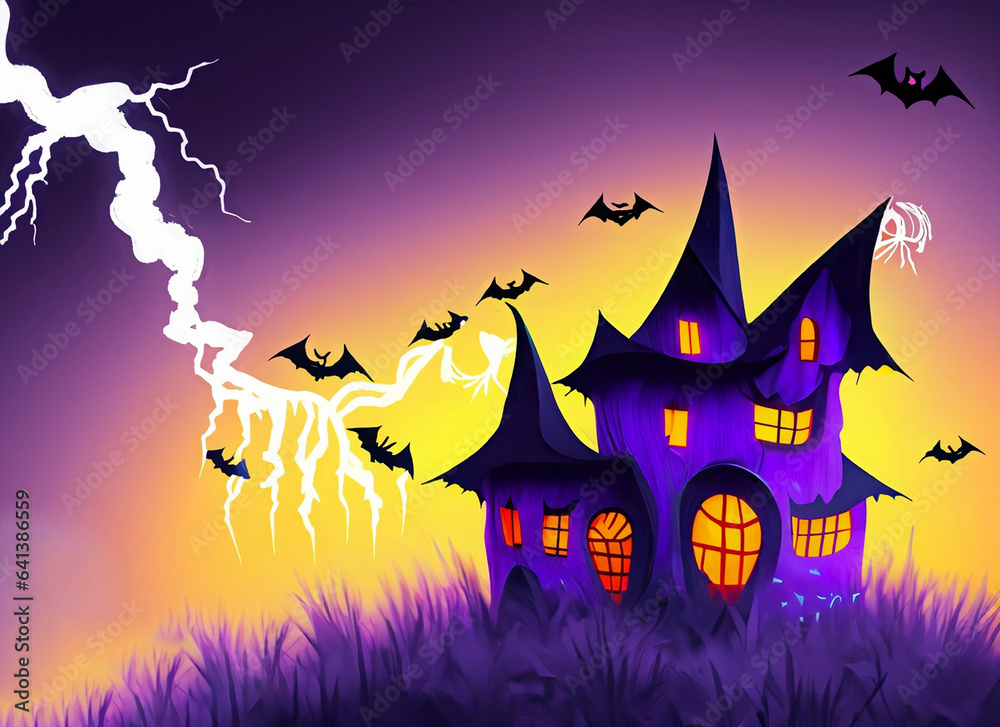 Halloween witch house background with lighting in the sky