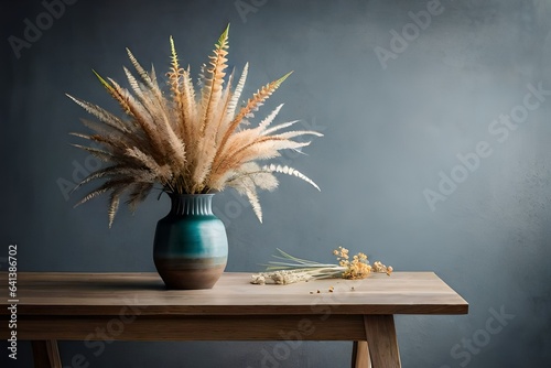 A vase with dried flowers standing on a table near a gray wall A vase with dr...