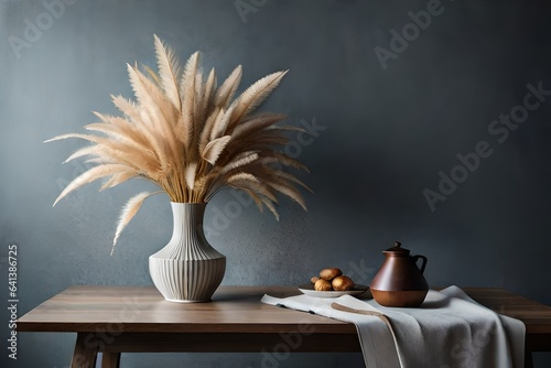 A vase with dried flowers standing on a table near a gray wall A vase with dr...
