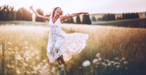 immagine con giovane donna che corre in un prato estivo fiorito, luce tramonto