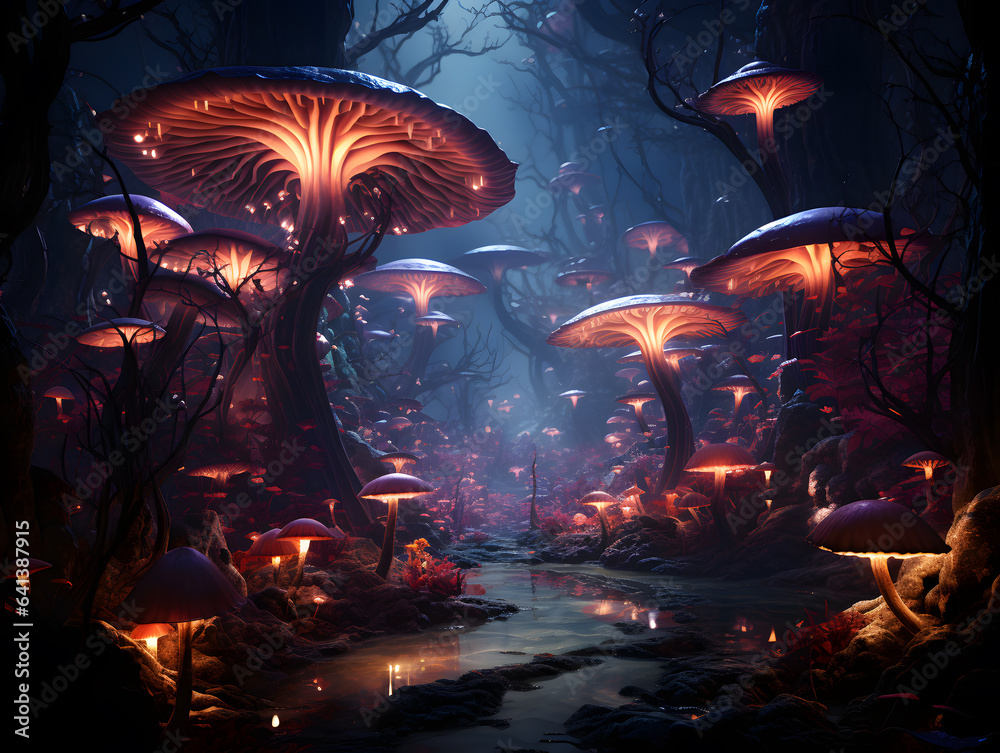 Fantasy landscape with fantasy mushrooms forest  and moon. 3d illustration.