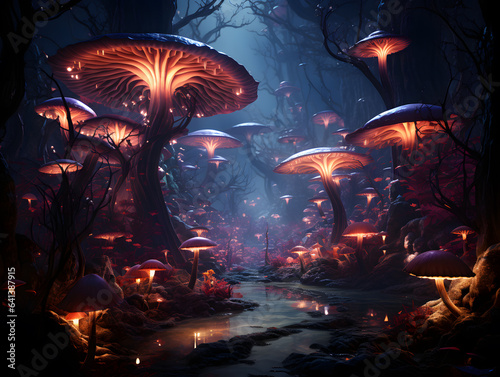 Fantasy landscape with fantasy mushrooms forest and moon. 3d illustration.