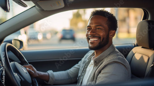 Man sits behind the wheel of a car and smiles