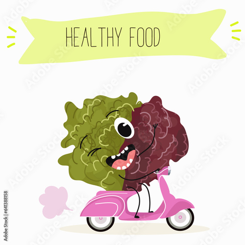 Vector cartoon character lollo rossa salad, frisee funny vegetable. Farm fresh harvest, agriculture organic veggie or vegetarian food ripe product. 
