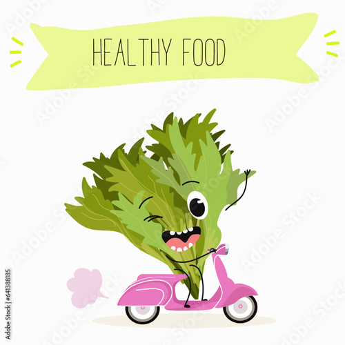 Vector cartoon character lollo rossa salad, frisee funny vegetable. Farm fresh harvest, agriculture organic veggie or vegetarian food ripe product. 
