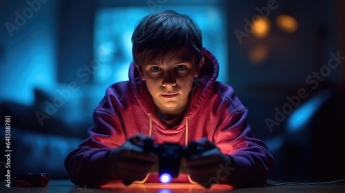 Boy playing a video game, sitting on the floor in his room at night. Generative AI