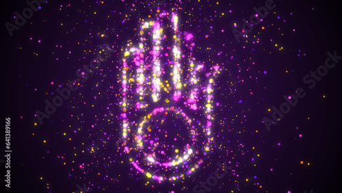 Abstract Religion Purple Colorful Shiny Jainism Symbol Hand With A Wheel On The Palm Dotted Lines Silhouette With Glitter Sparkle Particles