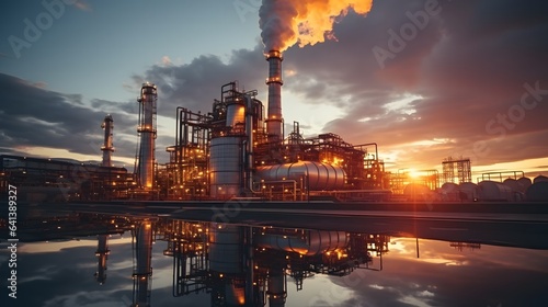 Oil refinery at sunset. Oil and gas industry. Refinery plant
