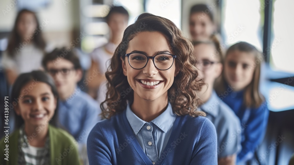 Smiling Teacher with Diverse Group of Students
Smiling Teacher with Diverse Group of Students