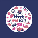 Illustration Work and rest by circle in pink and purple colors. Set of morning related items. Morning things to do. To-do list.