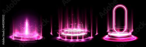 Circle holograms, magic portals, futuristic podium for show product. Round teleport or magic portal isolated on checkered background. Futuristic red teleport. Magic fantasy portal. Light effect.
