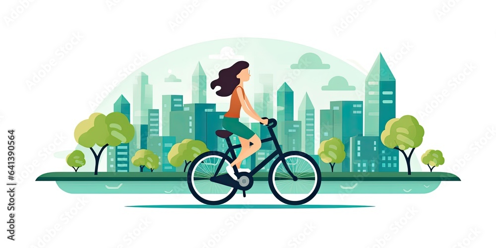 Girl dressed in t-shirt and tight pants riding a bicycle through the city. Color vector illustration in flat style. - obrazy, fototapety, plakaty 