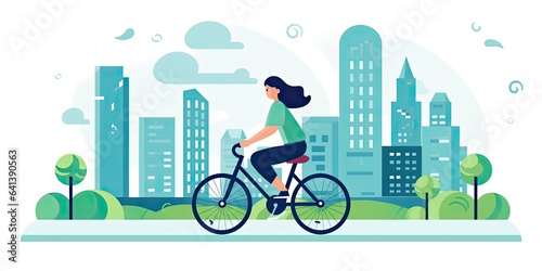 Girl dressed in t-shirt and tight pants riding a bicycle through the city. Color vector illustration in flat style. photo