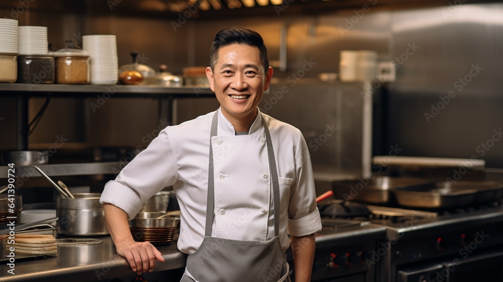A smiling Asian chef in the background of a restaurant kitchen A smiling Asian chef in the background of a restaurant kitchen