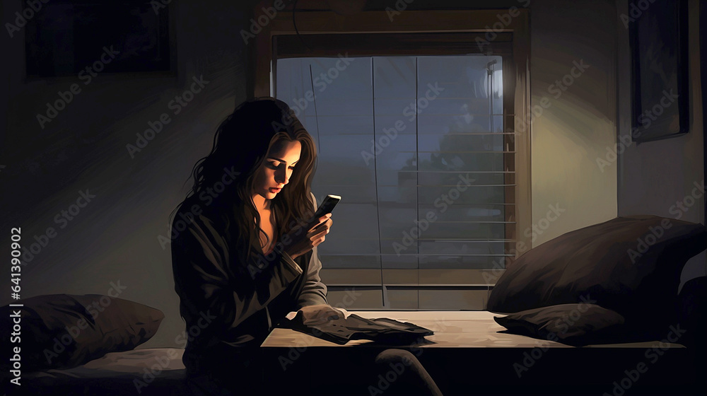 digital illustration of woman looking at her phone in a room  isolation and loneliness