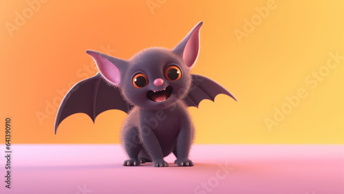 Halloween design concept. 3d cute black bat character on blurred background with halloween ornament