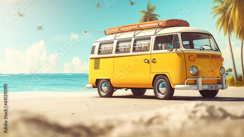 yellow van with summer accessories on the beach photo