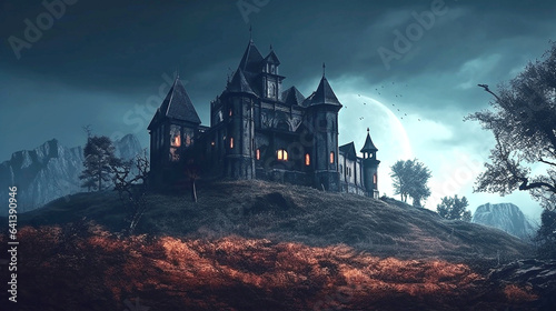 horror halloween haunted castle on creepy spooky night