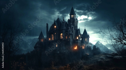horror halloween haunted castle on creepy spooky night