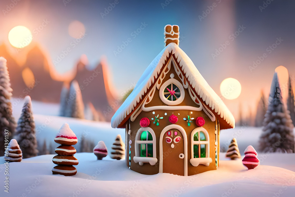 Christmas Gingerbread House with Window Xmas Lights over shining Garland. Winter Holiday Ginger Bread Cake with White Icing over Dark Fantasy Background. Merry Christmas Card Design