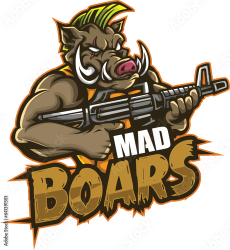 Mascot logo e-sports logo template vector editable design hunter military army soldier pig wild boar