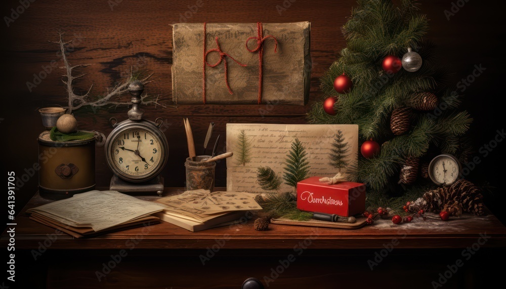 Photo of a festive Christmas scene with a beautifully decorated tree, books, and a clock counting down to the holiday