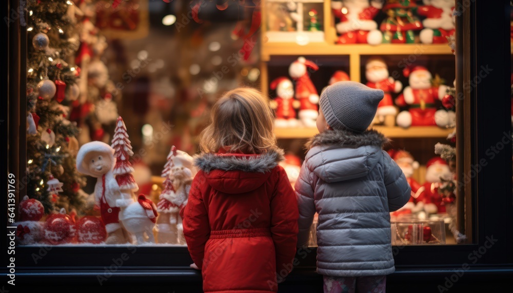 Photo of two children mesmerized by a festive Christmas window display Photo of two children mesmerized by a festive Christmas window display