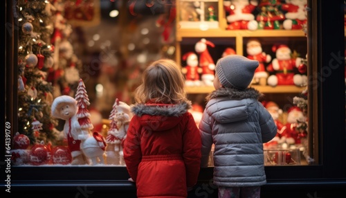 Photo of two children mesmerized by a festive Christmas window display