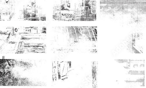 Overlay vintage grunge paper texture. Old damage Dirty grainy and scratches. Set of different distressed black grain texture. Set of Distress overlay vector textures.	