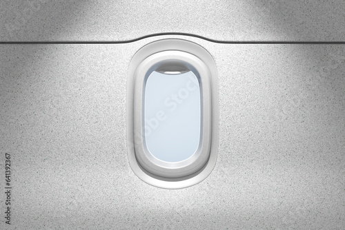 Rendering of a photorealistic mockup of an airplane window in 3D.