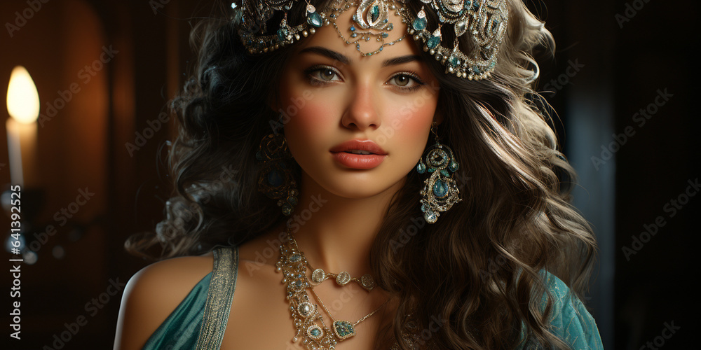 Fototapeta premium Wunderschöne Model Frau Gesicht Nahaufnahme mit eleganten Diadem in Querformat als Banner, ai generativ