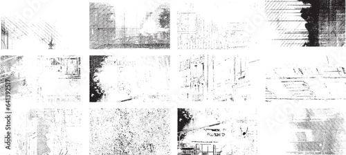Overlay vintage grunge paper texture. Old damage Dirty grainy and scratches. Set of different distressed black grain texture. Set of Distress overlay vector textures.	