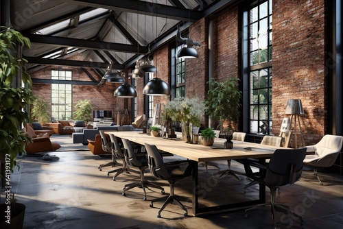 Industrial-Chic Interior, Exposed Brick and Artistic Flair Created with Generative AI © dendyh7