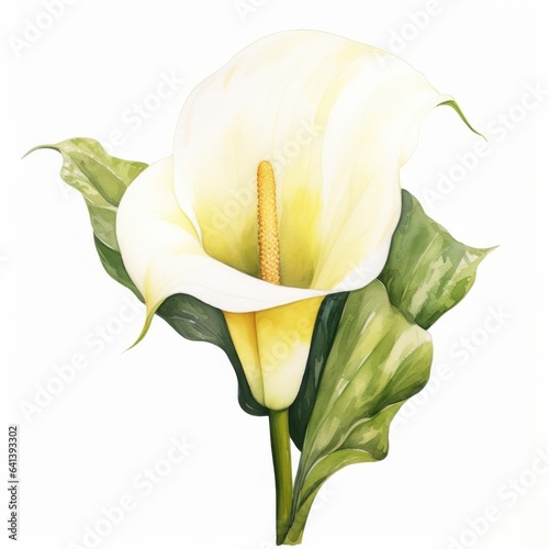 White yellow watercolour calla lily zantedeschia summer flower illustration on light background. Floral blossom concept
