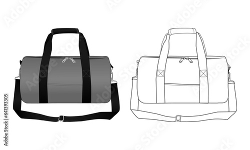 Set of Duffle Bag, Vector Illustration, Bag Outline Template, Fashion Flats Sketch, Zipper Duffel Travel Sports Equipment Bag, Vector Clip Art Template.15