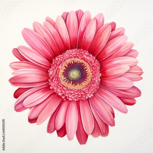 Pink watercolour gerbera daisy summer flower top view on white background. Floral blossom concept