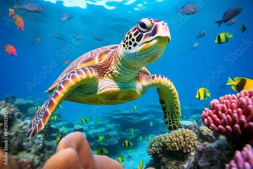  A swimming turtle amidst a coral reef