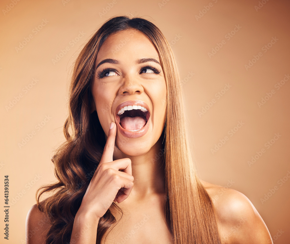 Idea, woman and straight hair, curly and funny in studio isolated on a brown background. Thinking, hairstyle and natural cosmetics of excited model in salon treatment for beauty, hairdresser or laugh Idea, woman and straight hair, curly and funny in studio isolated on a brown background. Thinking, hairstyle and natural cosmetics of excited model in salon treatment for beauty, hairdresser or laugh