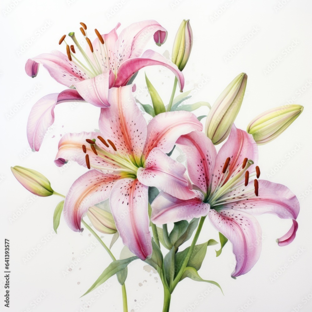 Pink and white watercolour lily lilium summer flower illustration. Floral blossom concept