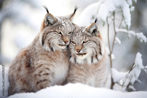 A loving couple of lynxes in the winter in the forest